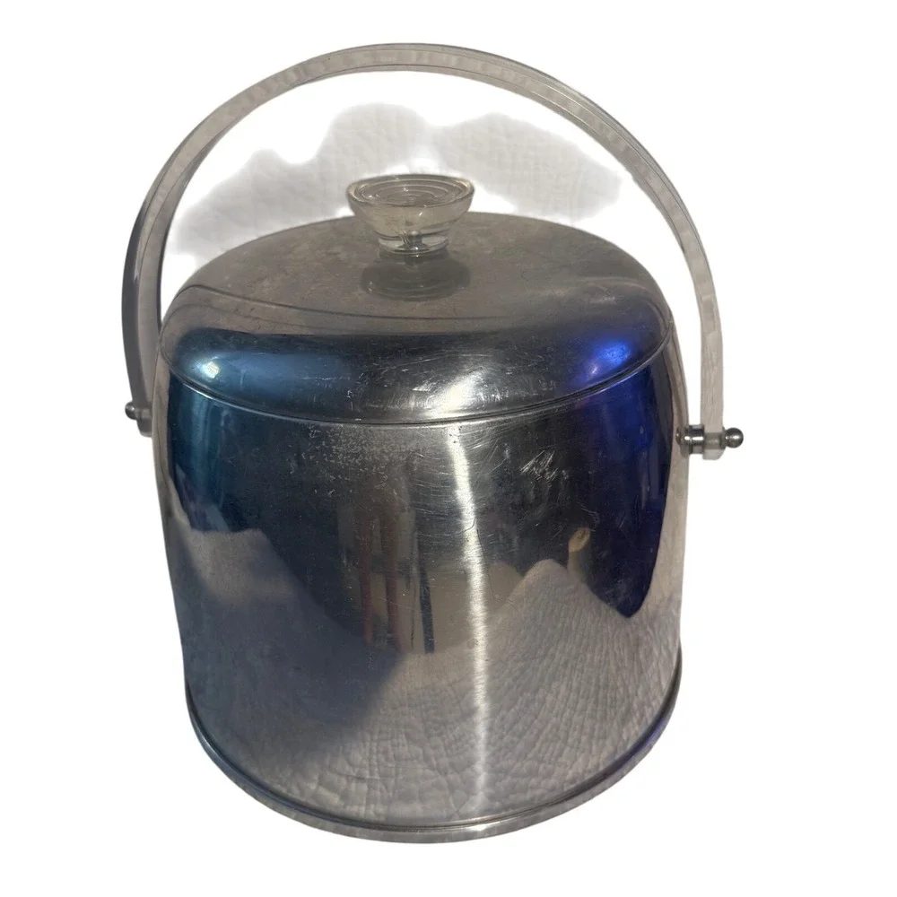 Vintage Stainless Steel Ice Bucket Acrylic Handle Clear Lid Retro Barware MCM